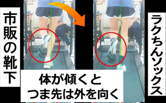 走行中に身体が外側へ傾き、空中にある脚とつま先が外へ動いてバランスを取っている様子