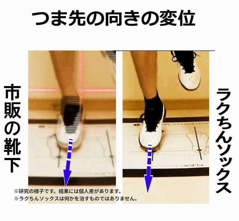 バドミントンシューズでジャンプと着地を行い、靴下の違いによって着地時のつま先の向きが変わる様子を比較した動画