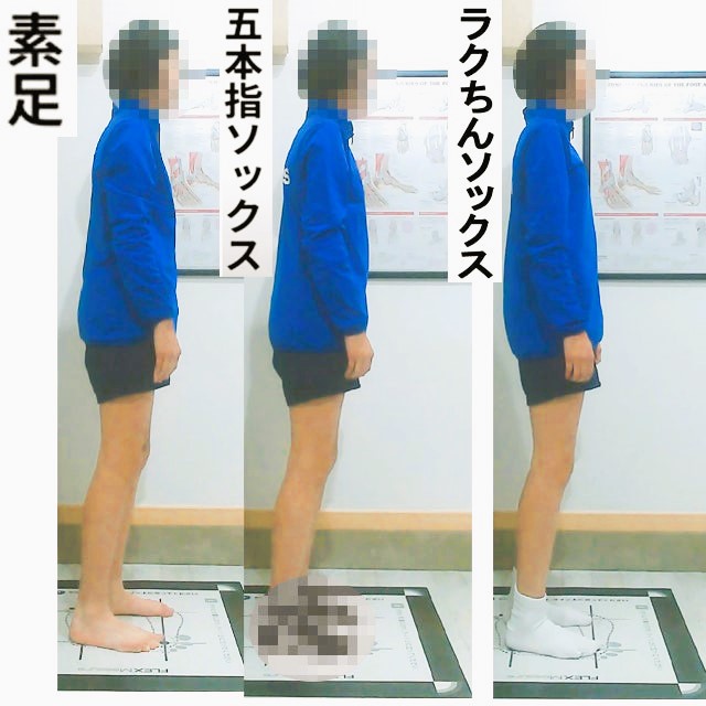 素足、五本指ソックス、ラクちんソックスでの姿勢の違い