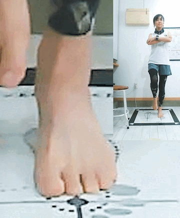 片足立ちで身体が外側へ傾くときに、小指側で身体を支える動きを示したGIF画像