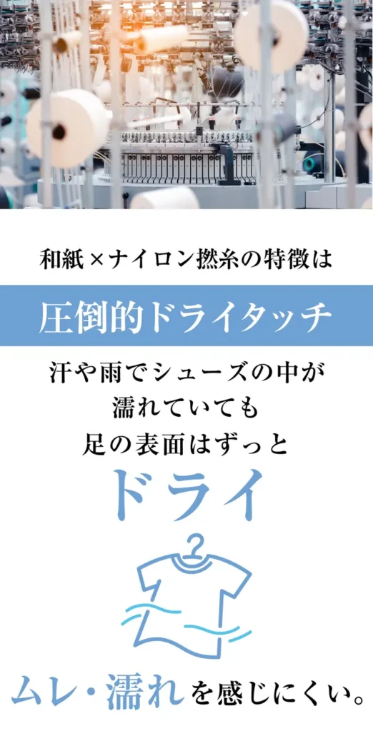 まぼろし工房のランニングソックス（ラクちんソックス）は、和紙とナイロンからできた糸で作られているため、耐久性が高く蒸れにくいことが特徴です