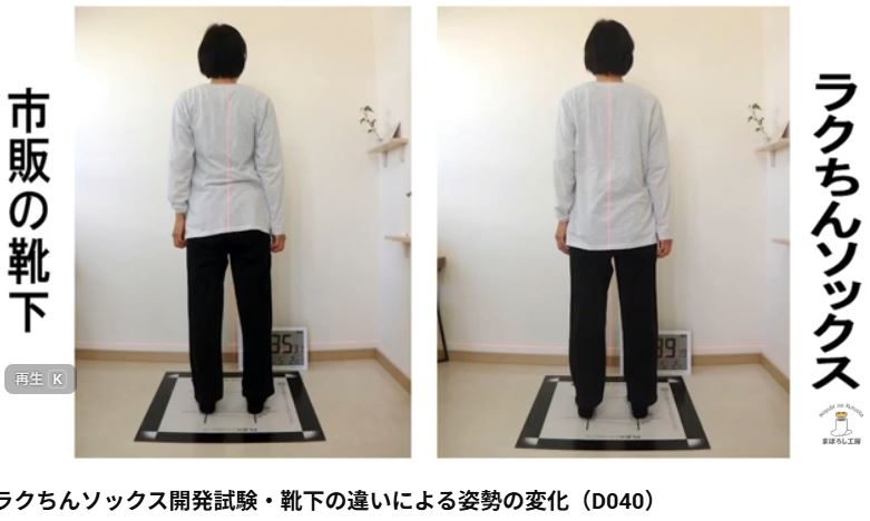 ラクちんソックスと一般的な靴下での立位の比較。ラクちんソックスを履くと、背中のアーチバックが改善している様子