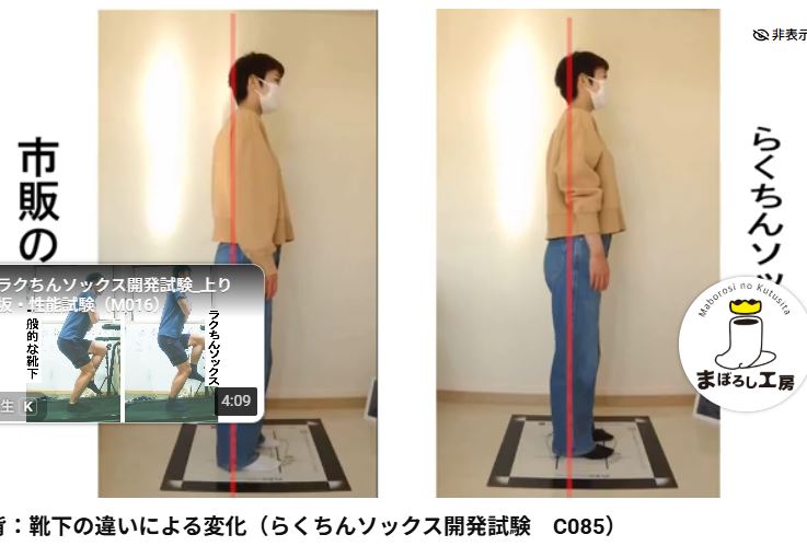 ラクちんソックスと一般的な靴下での立位の比較。ラクちんソックスを履くと、背中のアーチバックが改善している様子
