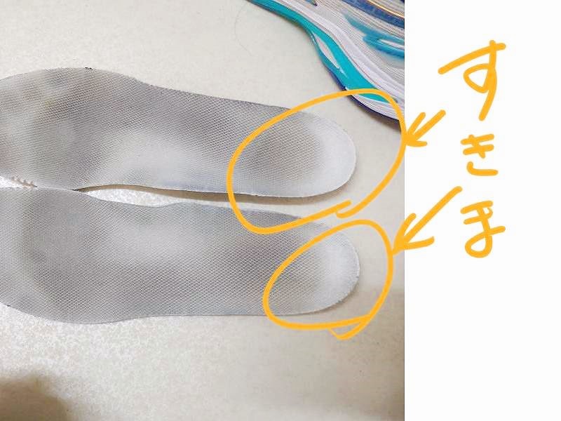 インソールに残った踵の位置とシューズ後方の隙間を示した画像