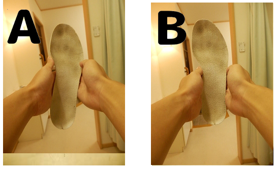 シューズへ足を入れる方向をAとBで比較し、靴底の中心へ足を合わせる方向を示した画像