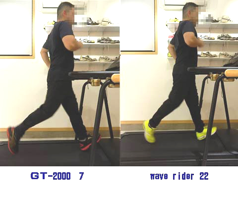 アシックスGT-2000 7とミズノWAVE RIDER 22を履き、同じ時速10kmで走ったときの左右のイニシャルコンタクトと歩幅を比較した画像