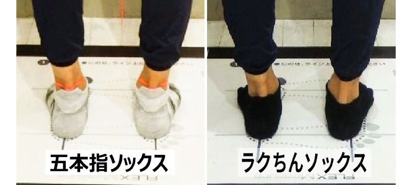 靴下の違いによって変化した踵、足首、足部アーチの形を比較した画像