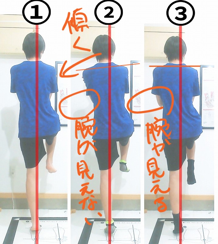 素足、五本指のレースソックス、ラクちんソックスで片足立ちを行い、体幹の傾きと腕の位置を比較した画像