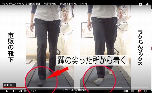 一般的な靴下とラクちんソックスを履いた歩行を比較し、蹴り出し時の体幹の傾きと足先の向きの違いを示した画像