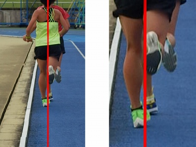1km3分30秒ペースで走行したときの初期接地を正面から確認し、身体の中心線と足の位置関係を示した画像