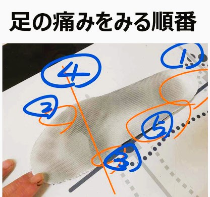 足の痛みを確認するときに、足・靴下・インソール・シューズを順に調べる説明画像
