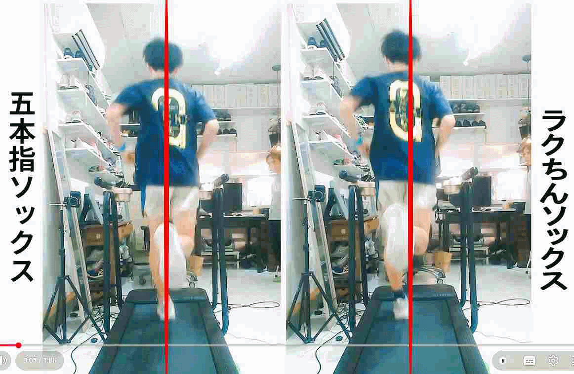 二軸走行と一本線上を踏む一軸走行の足の接地位置の違いを比較したGIF画像