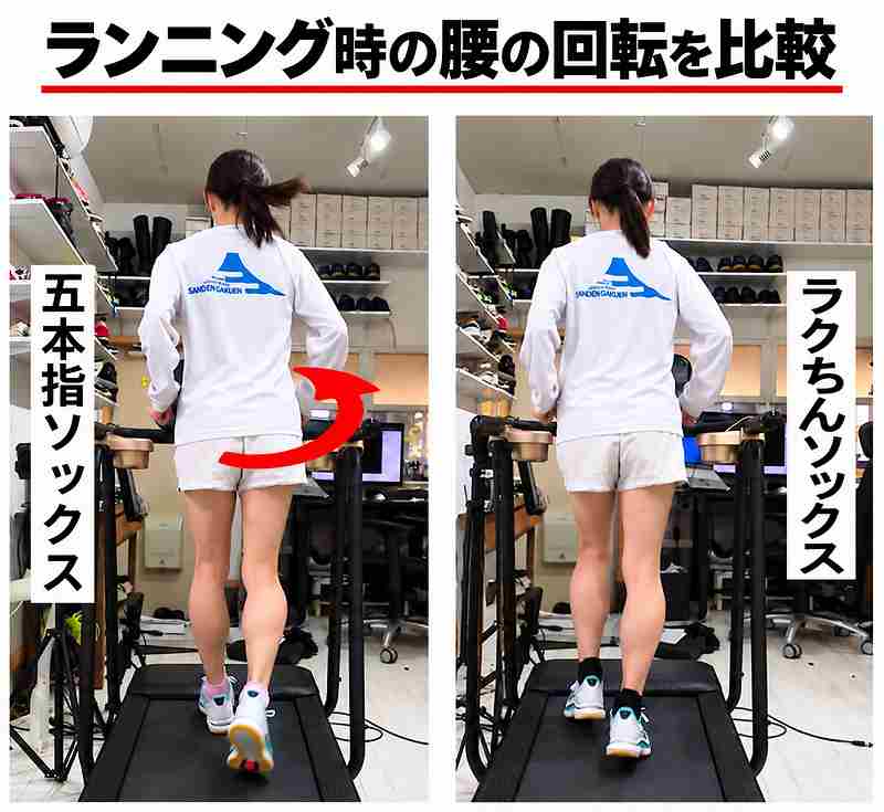 五本指ソックスでは腰の回転が大きく、ラクちんソックスでは回転が小さいランニングフォームの比較