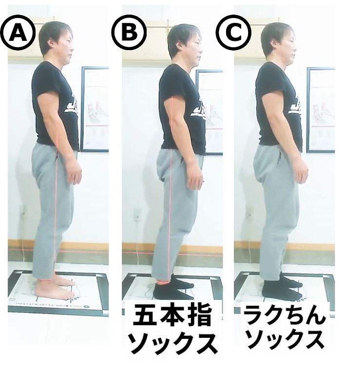 素足・五本指ソックス・ラクちんソックスの立ち姿の比較