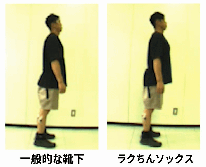 一般的なランニングソックスとラクちんソックスのつま先立ち比較|ラクちんソックスでは身体が前へ進む様子