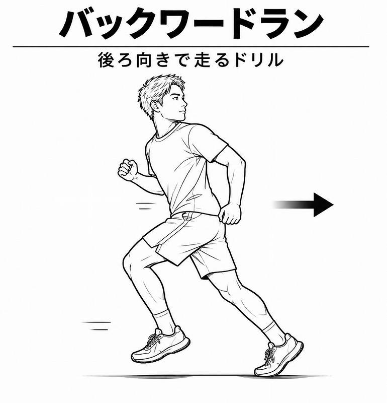 つま先を内側に向けて行うバックワードラン（後ろ向き走）の方法