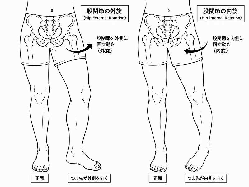 股関節の外旋と内旋の違いを示す線画